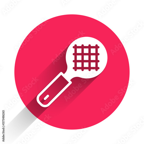 White Tea strainer with handle icon isolated with long shadow background. Metal sieve. Red circle button. Vector