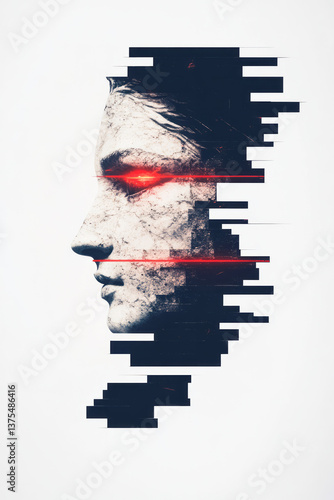 A digital statue face of a Greek goddess emerging from a black grid, her marble features glitching