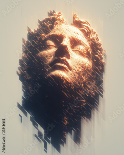 A conceptual render of a Greek goddess statue face caught mid-glitch, emerging from a warped