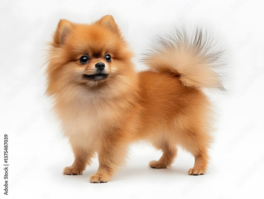Obraz premium 7. A tiny Pomeranian with fluffy fur, standing on a white background