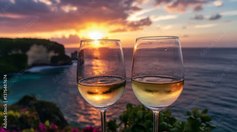 Obraz premium The view of Penida Island is very beautiful, the island has a couple clink wine, wine glass close-up, high definition