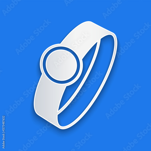 Paper cut Diamond engagement ring icon isolated on blue background. Paper art style. Vector