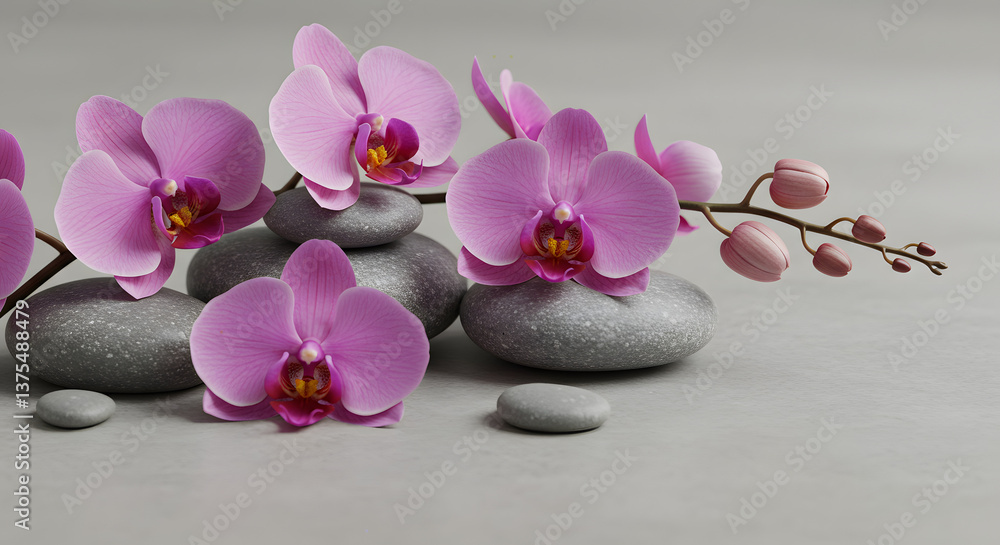 A serene arrangement of pink orchids intertwined with gray stones on a soft gray surface, A serene arrangement of pink orchids intertwined with gray stones on a soft gray surface,