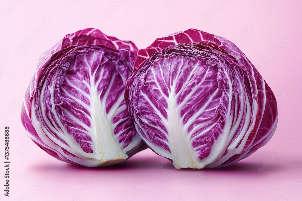 Obraz premium Fresh Radicchio Half and Whole Purple Cabbage on White Background
