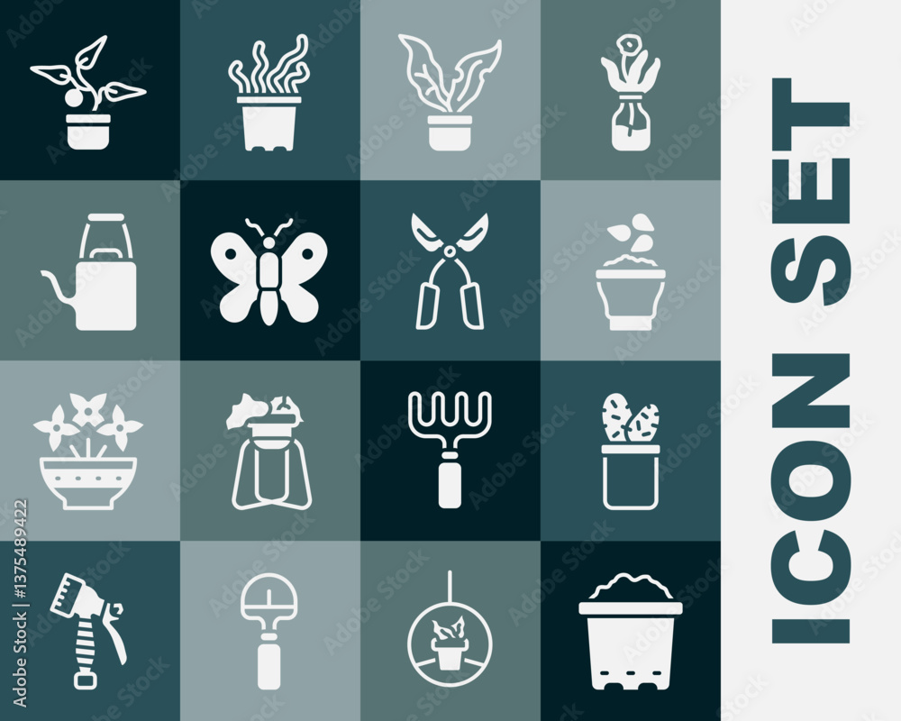 Set Pot with soil, Cactus peyote in pot, Seeds bowl, Plant, Butterfly, Watering can, and Gardening handmade scissors icon. Vector Set Pot with soil, Cactus peyote in pot, Seeds bowl, Plant, Butterfly, Watering can, and Gardening handmade scissors icon. Vector