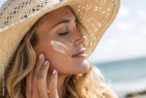 Woman applying sunscreen on beach in summer
Close-up of young woman with a sun hat smiling while applying sunscreen to her face at a sunny seaside location.
