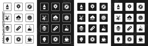 Set Stop colorado beetle, Acid rain, Bottle with potion, Poisoned alcohol, Petri dish bacteria, Biohazard symbol, Beaker toxic liquid and Gas mask icon. Vector