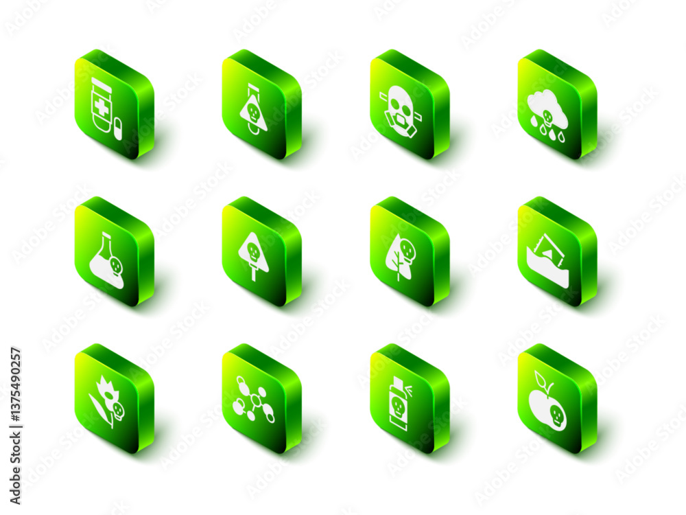 Set Bottle with potion, Gas mask, Acid rain, Radioactive waste barrel, Poison apple, flower, Spray against insects and Chemical formula icon. Vector Set Bottle with potion, Gas mask, Acid rain, Radioactive waste barrel, Poison apple, flower, Spray against insects and Chemical formula icon. Vector