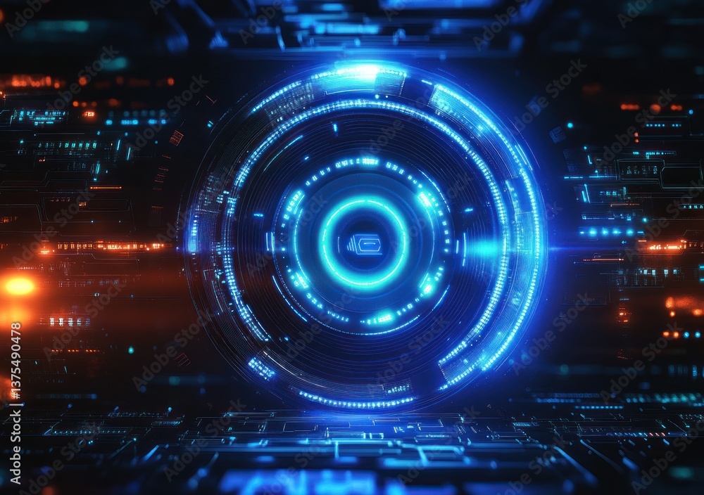Fototapeta premium Futuristic Digital Interface with Neon Blue Light and Circuit Patterns in Cyberpunk Art Style