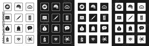 Set Brass knuckles, Marijuana joint, spliff, Sound or audio recorder, Vinyl disk, Music player, Bandana, Yo slang lettering and Money bag icon. Vector