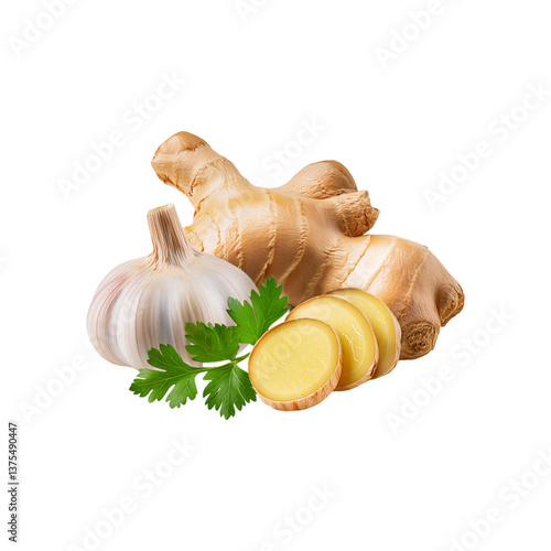 Ginger wih garlic and coriander leaf on transparent background