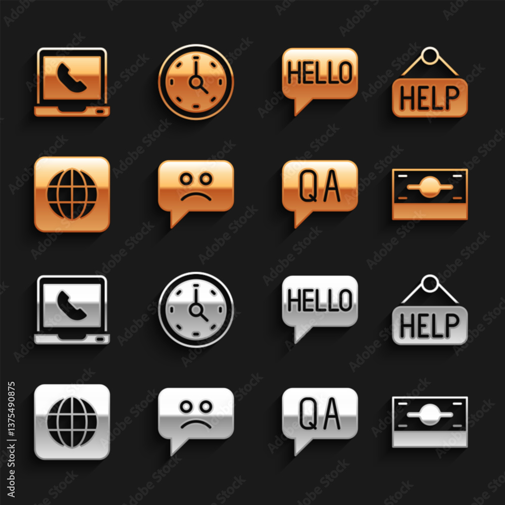 Set Sad smile, Signboard with text Help, Stacks paper money cash, Question and Answer, Worldwide, Hello in different languages, Telephone 24 hours support and Clock icon. Vector Set Sad smile, Signboard with text Help, Stacks paper money cash, Question and Answer, Worldwide, Hello in different languages, Telephone 24 hours support and Clock icon. Vector