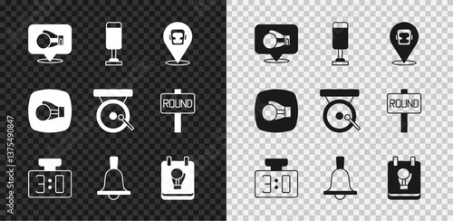 Set Boxing glove, Punching bag, helmet, Sport mechanical scoreboard, bell, and gong icon. Vector