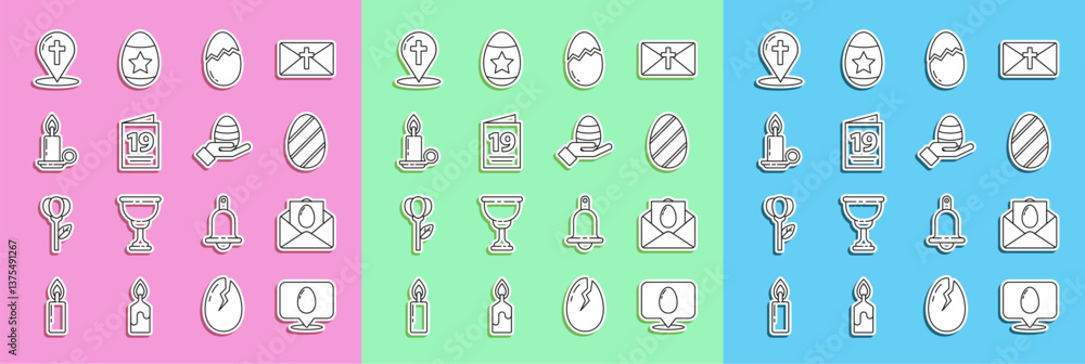 Set line Speech bubble with easter egg, Greeting card Happy Easter, Broken, Burning candle candlestick, Map pointer christian cross and Human hand icon. Vector Set line Speech bubble with easter egg, Greeting card Happy Easter, Broken, Burning candle candlestick, Map pointer christian cross and Human hand icon. Vector