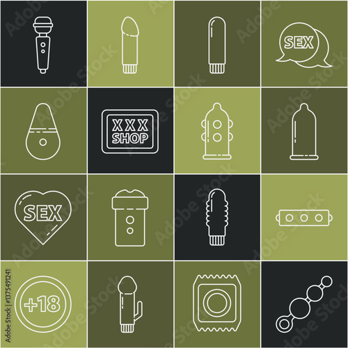 Set line Anal beads, Silicone ball gag with belt, Condom, Dildo vibrator, Sex shop, and icon. Vector