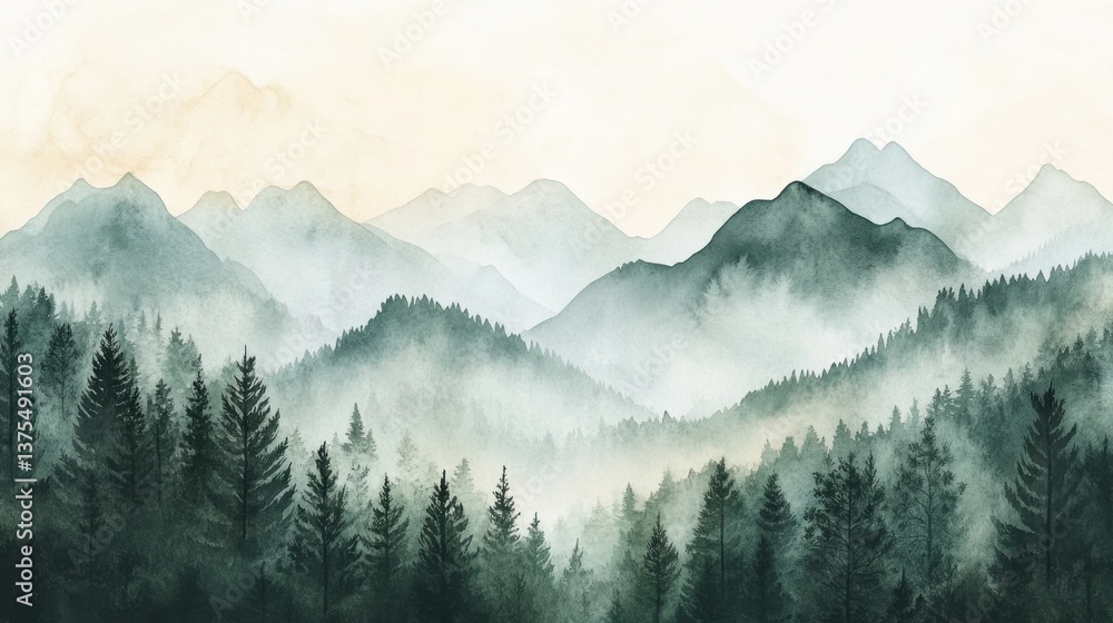 Obraz premium Watercolor of landscape forest misty mountains horizon and fog and hills,pine tree fir tree,Autumn forest background,drawn by hand,Autumn illustration design elements for landscape,wallpaper.