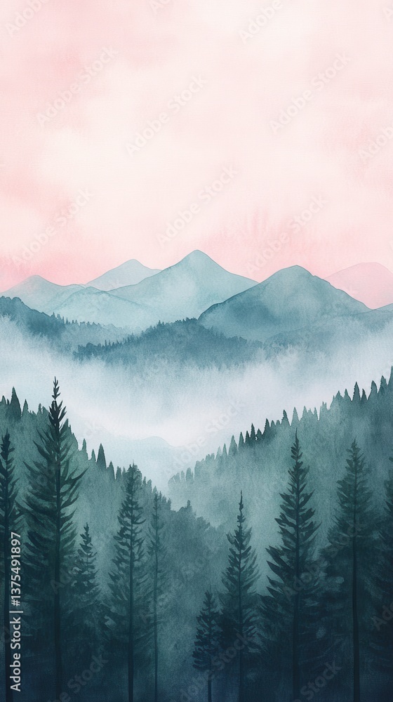 Obraz premium Watercolor of landscape forest misty mountains horizon and fog and hills,pine tree fir tree,Autumn forest background,drawn by hand,Autumn illustration design elements for landscape,wallpaper.