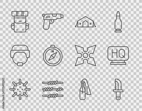 Set line Naval mine, Military knife, medical tent, Barbed wire, Hiking backpack, Compass, Cocktail molotov and headquarters icon. Vector