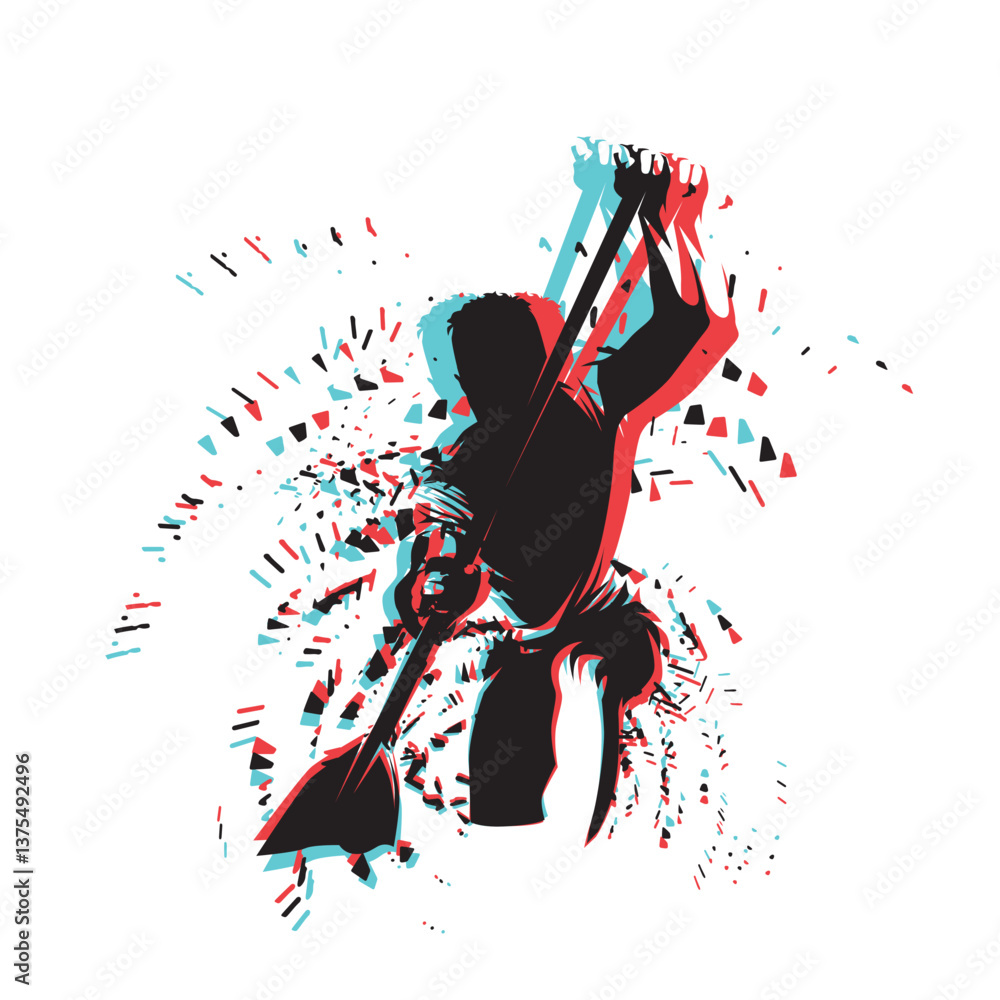 Fototapeta premium Canoe sprint athlete, glitch effect, front view isolated vector silhouette. Conoeing logo