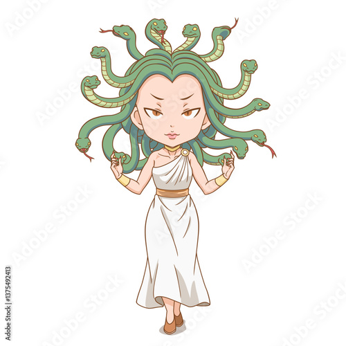 Cartoon character of Medusa with living snakes in place of hair in Greek mythology.