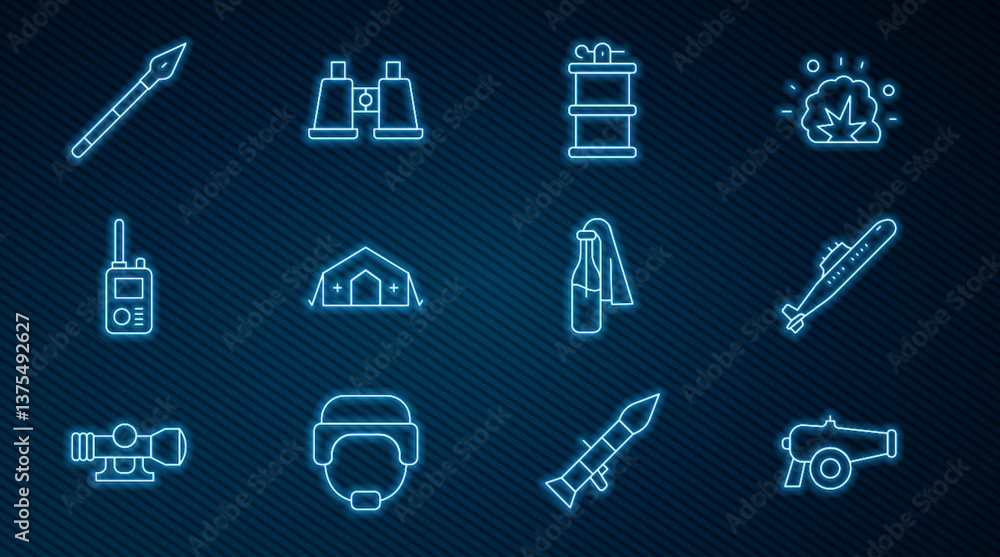 Set line Cannon, Submarine, Hand smoke grenade, Military medical tent, Walkie talkie, Medieval spear, Cocktail molotov and Binoculars icon. Vector Set line Cannon, Submarine, Hand smoke grenade, Military medical tent, Walkie talkie, Medieval spear, Cocktail molotov and Binoculars icon. Vector