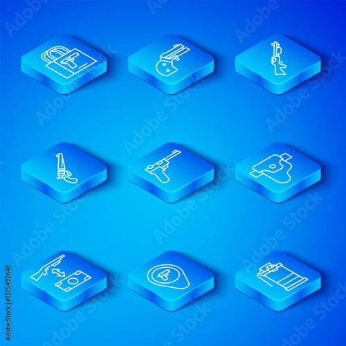 Set line Buying assault rifle, Mauser gun, Location with weapon, Gun holster, Hunting, Revolver, pistol and Hand smoke grenade icon. Vector