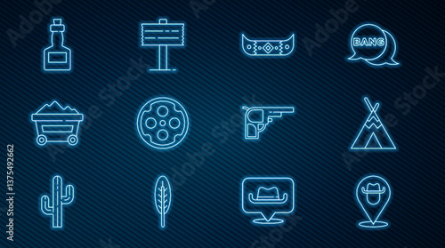 Set line Location cowboy, Indian teepee or wigwam, Kayak canoe and paddle, Revolver cylinder, Coal mine trolley, Tabasco sauce, gun and Road traffic signpost icon. Vector
