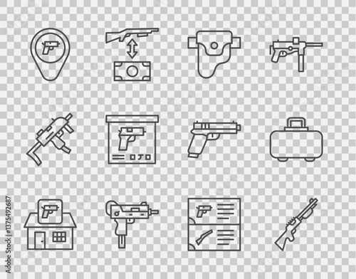 Set line Hunting shop weapon, gun, Gun holster, UZI submachine, Location with, Military ammunition box, Weapon catalog and case icon. Vector