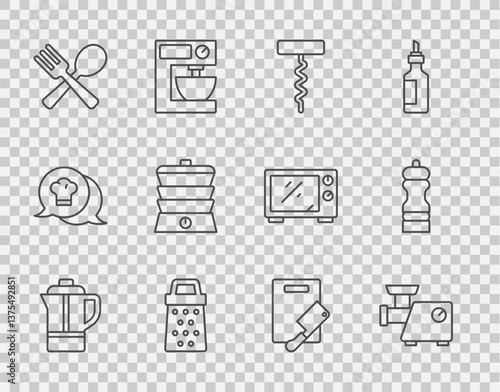 Set line Teapot, Kitchen meat grinder, Wine corkscrew, Grater, Crossed fork and spoon, Slow cooker, Cutting board chopper and Pepper icon. Vector