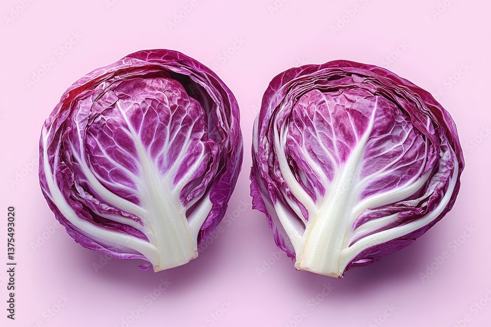 Obraz premium Fresh Radicchio Cut in Half Vibrant Purple Cabbage Isolated on White Background