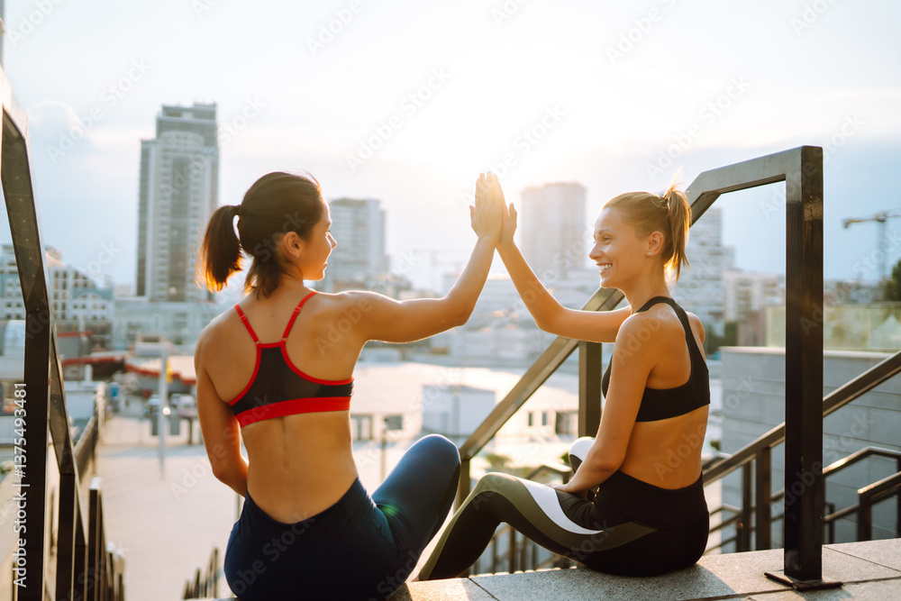 Obraz premium Two women in sportswear exercising together outdoors. Beautiful women doing exercises on a rooftop. Concept of sport, activity. Lifestyle.