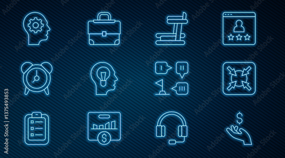 Set line Hand holding coin money, Target, Treadmill machine, Human with lamp bulb, Alarm clock, head gear inside, Planning strategy and Briefcase icon. Vector Set line Hand holding coin money, Target, Treadmill machine, Human with lamp bulb, Alarm clock, head gear inside, Planning strategy and Briefcase icon. Vector