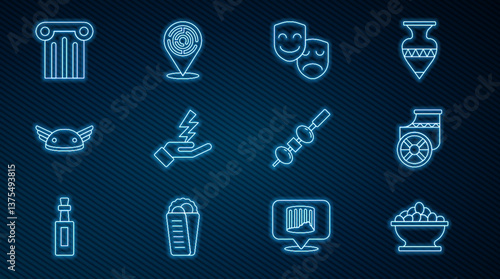 Set line Olives in bowl, Ancient chariot, Comedy and tragedy masks, Zeus, Helmet with wings, column, cheese on chopstick and Minotaur labyrinth icon. Vector