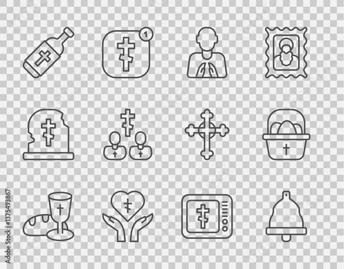 Set line Goblet and bread, Church bell, Hands in praying position, Religious cross heart, Holy water bottle, Priest, Online church pastor preaching and Basket with easter eggs icon. Vector