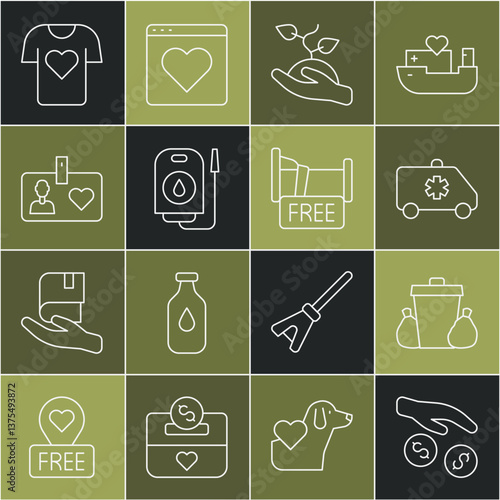 Set line Donation and charity, Trash can, Emergency car, Volunteer team planting trees, Blood donation, id card or badge, Clothes and Free overnight stay house icon. Vector