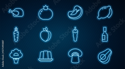 Set line Avocado fruit, Tabasco sauce, Steak meat, Plum, Carrot, Roasted turkey or chicken, Hot chili pepper and Tomato icon. Vector