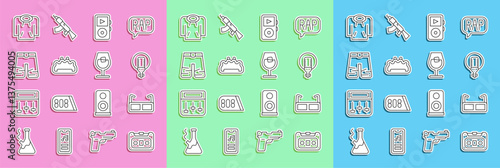 Set line Retro audio cassette tape, Glasses, Microphone, Music player, Brass knuckles, Wide pants, Hoodie and Wine glass icon. Vector
