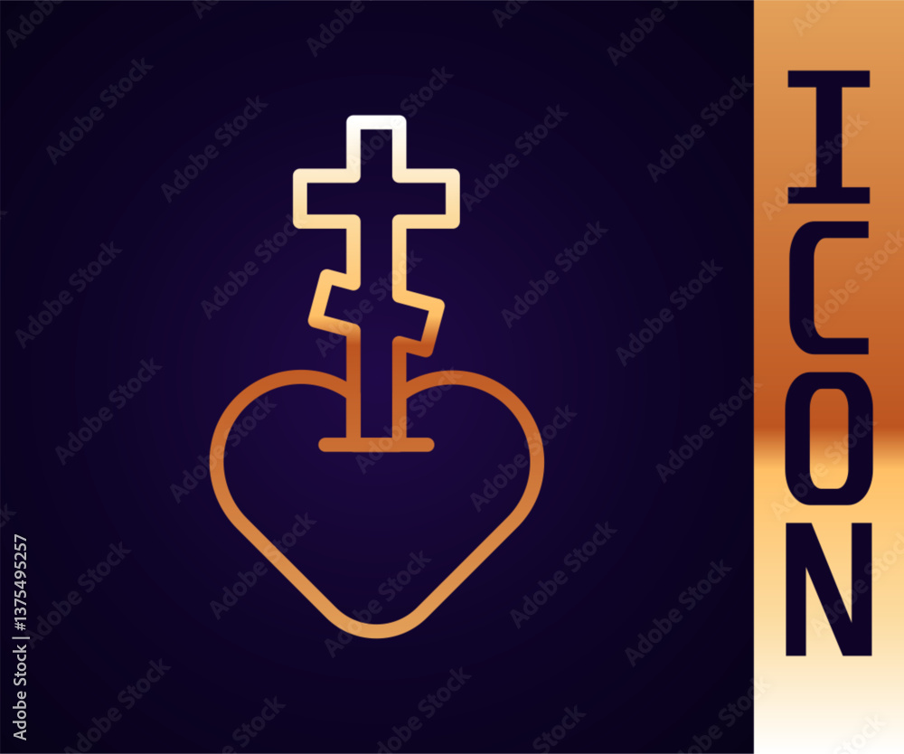 Obraz premium Gold line Religious cross in the heart inside icon isolated on black background. Love of God, Catholic and Christian symbol. People pray. Vector