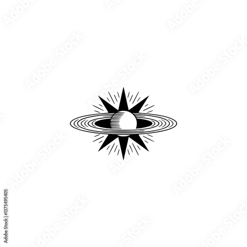 Cosmic Minimalist Illustration: Sun, Planet, and Rings in Black & White