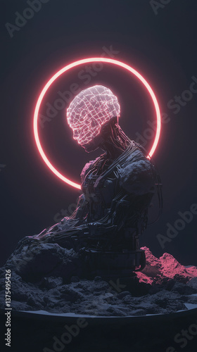 futuristic sculpture of humanoid figure with glowing, wireframe head, surrounded by neon halo. intricate details of robotic body contrast with dark background, creating striking visual impact