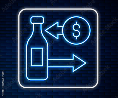 Glowing neon line Reception and sale of glass bottles icon isolated on brick wall background. Vector