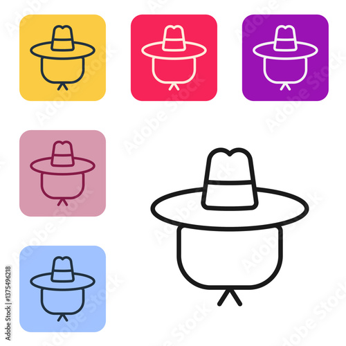Black line Camping hat icon isolated on white background. Beach hat panama. Explorer travelers hat for hunting, hiking, tourism. Set icons in color square buttons. Vector