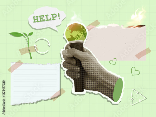 Awareness of environmental challenges with a green hand holding an ice cream, vector illustration