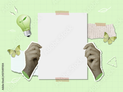 Collage of Hands Holding Light Bulb and Blank Paper for Sustainability, vector illustration