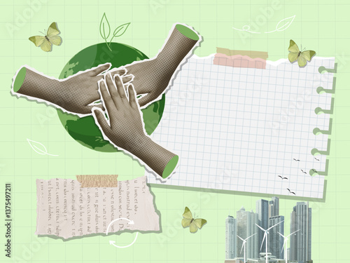 Hands United in a Green Collage Symbolizing Sustainability, vector illustration