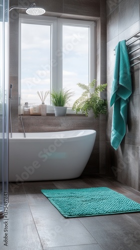 A stylish modern bathroom renovation showcasing a freestanding bathtub, teal bathmat, and plush towels hanging near a large window offe natural light and a view.