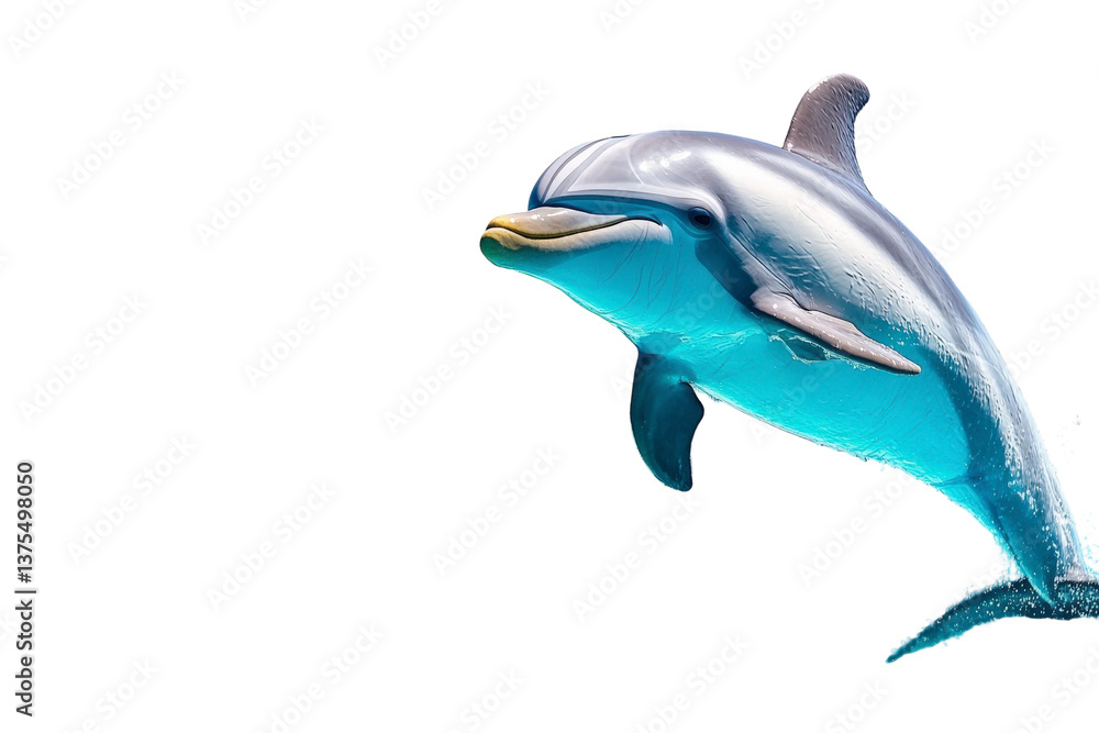 Obraz premium Graceful dolphin swimming in clear blue ocean waters, showcasing its playful nature and sleek body with sunlight reflecting off its skin