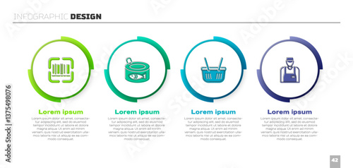 Set Scanner scanning bar code, Canned fish, Shopping basket and Seller. Business infographic template. Vector