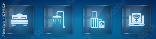 Set Hotel room bed, Shower, Suitcase and Wireless laptop. Square glass panels. Vector