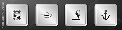 Set Airplane window, Elegant women hat, Surfboard and Anchor icon. Silver square button. Vector